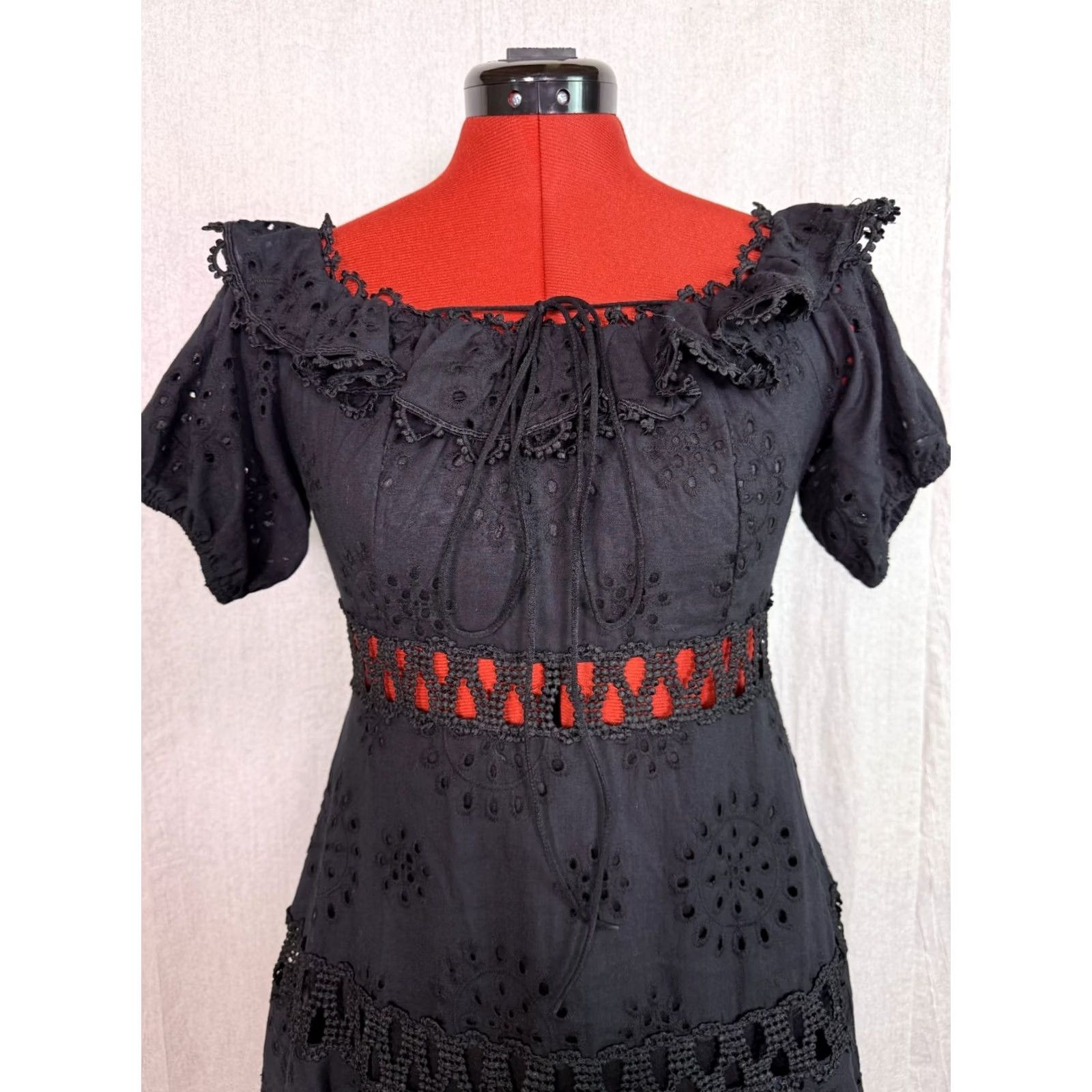 Vintage VINTAGE BANJUL Dress Womens Size Medium Black Lace Ruffle Mini Goth Cotton D915 Size M / US 6-8 / IT 42-44 - 2 Thumbnail