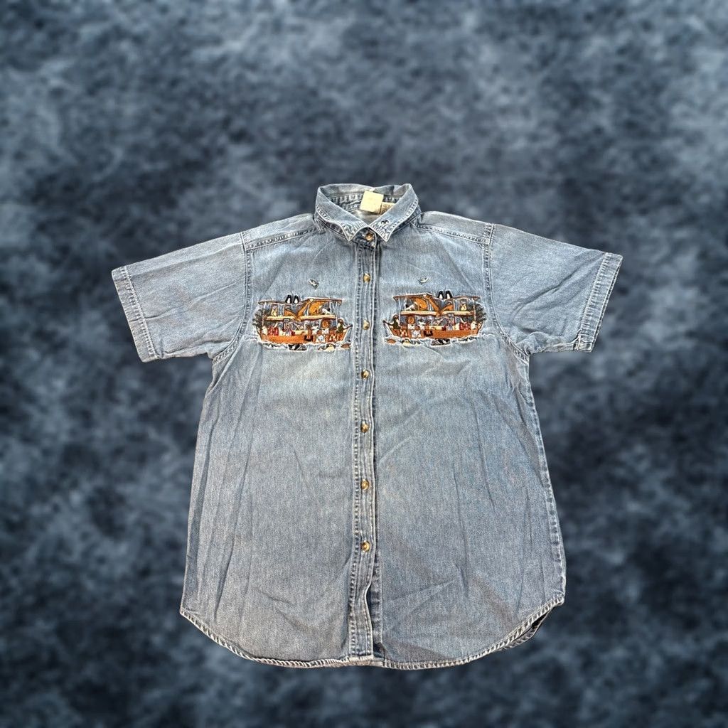 Vintage VINTAGE Quiz Again Shirt Mens Medium Denim Jesus Noahs Arc Christian 90s Blue Button Size US M / EU 48-50 / 2 - 1 Thumbnail