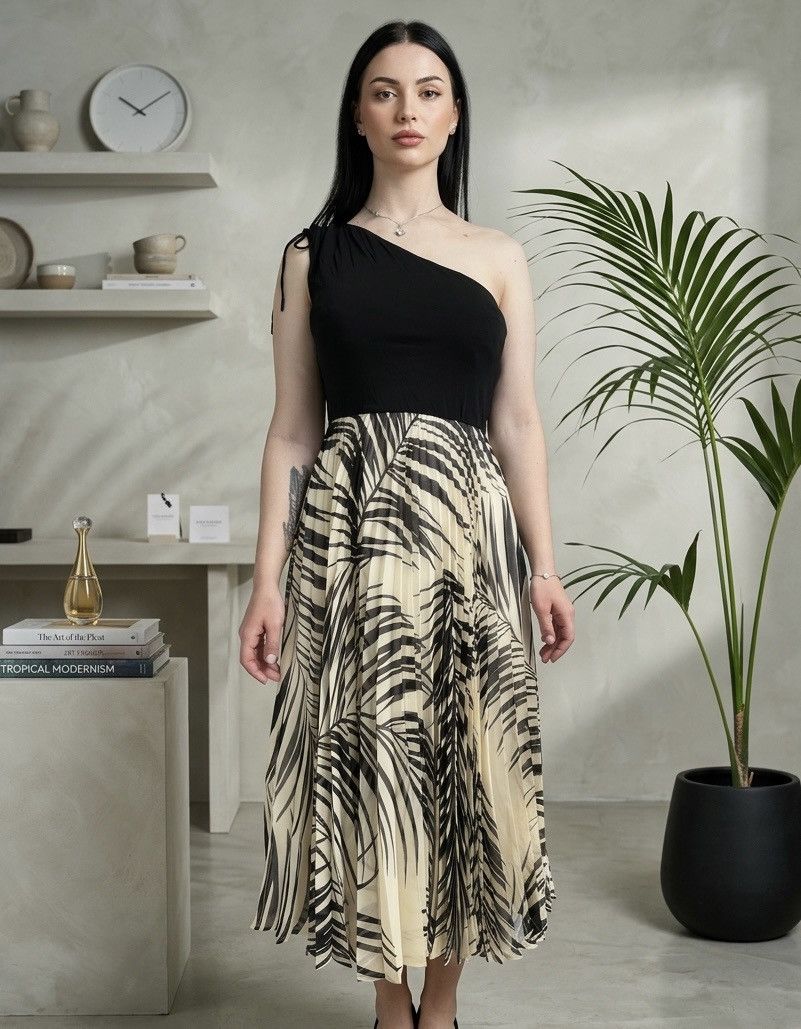 Max Mara Max Mara Studio One-Shoulder Pleated Palm Print Midi Dress Size M / US 6-8 / IT 42-44 - 1 Thumbnail