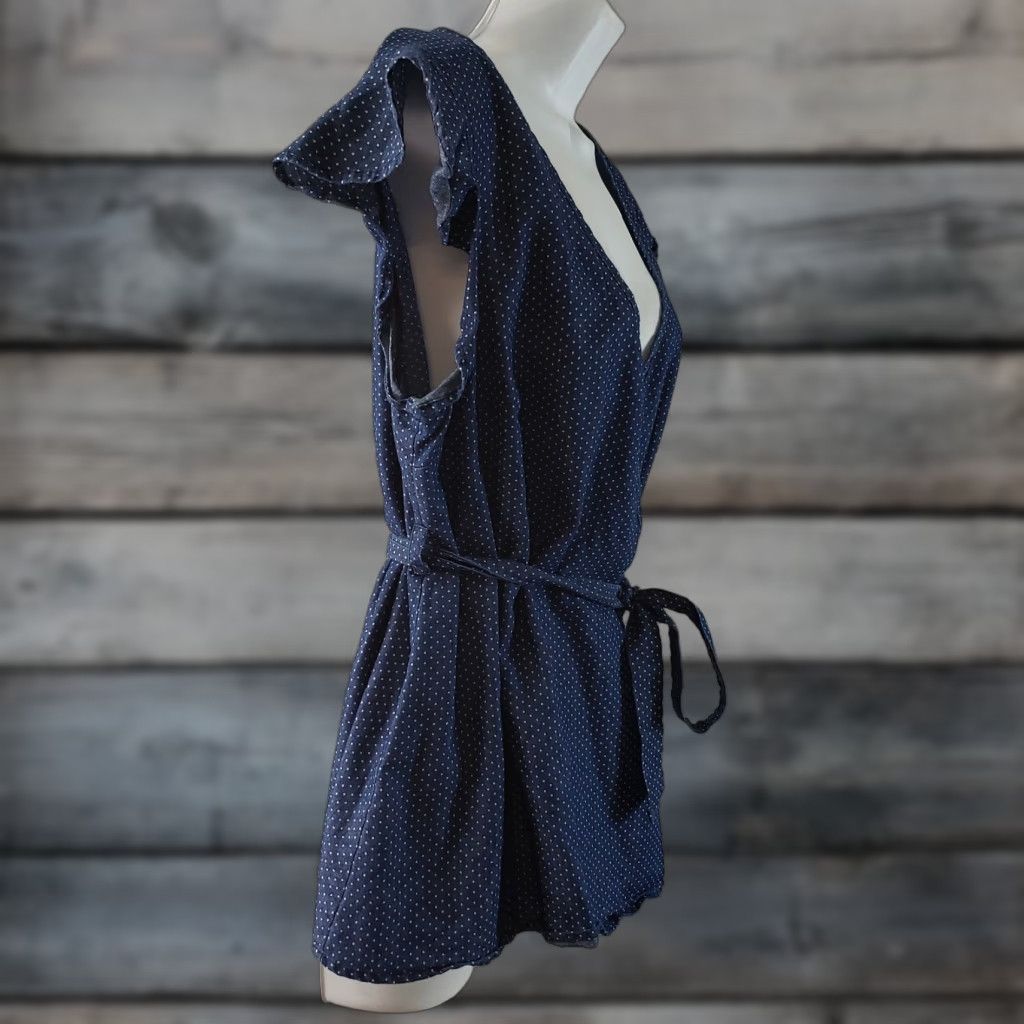 Vintage ModCloth Womens Top Blouse Polka Dot Blue Cap Sleeve Belted V-Neck Large Size L Womens Size L / US 10 / IT 46 - 1 Thumbnail