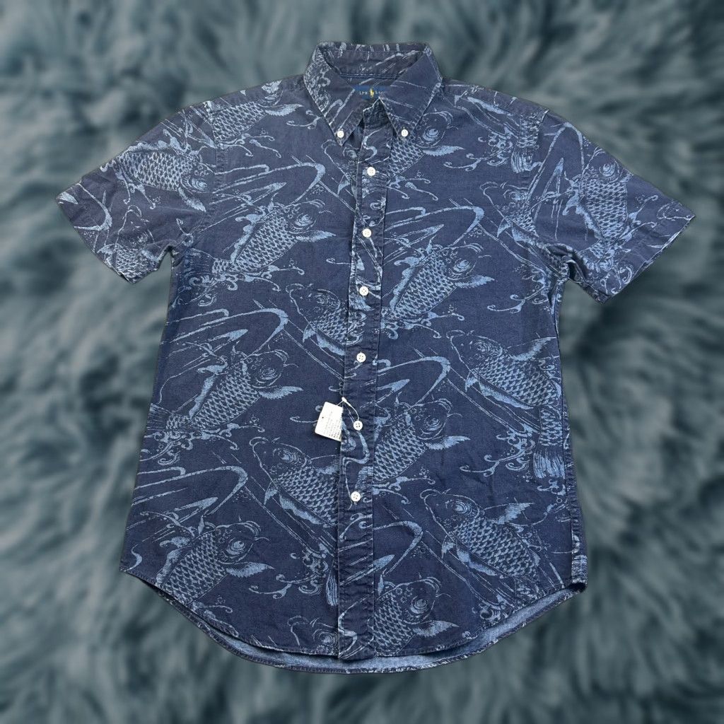 Ralph Lauren Shirt Mens Medium Slim Blue Button Up Koi All Over Print Geometric Pattern Short Sleeve Collared Knit Cotton Embroidered Button Up