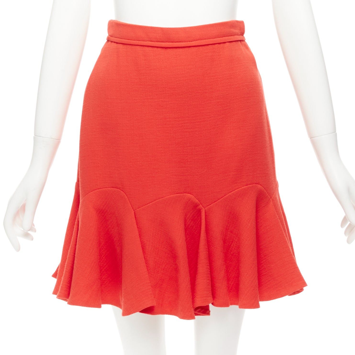 image of Carven Coral Orange Viscose Virgin Wool Frill Hem Mini Skirt It38 Xs, Women's (Size 26)