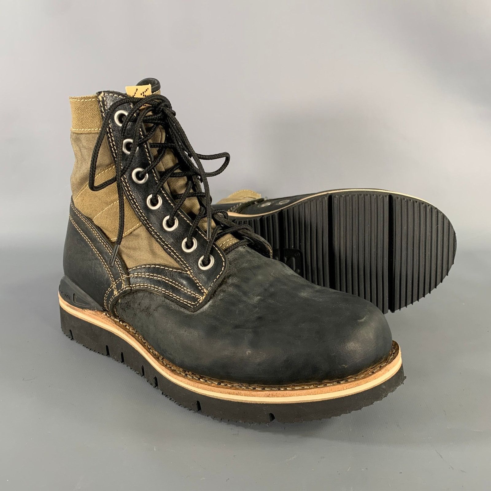 Visvim Black Olive Distressed Leather Canvas Lace Up Boots Size US 9.5 / EU 42-43 - 4 Thumbnail