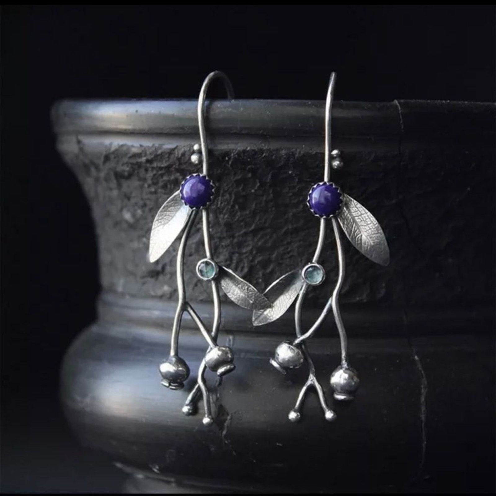 Other Retro Bohemian Flower Branch Inlaid Blue Stone Earrings Size ONE SIZE - 4 Thumbnail