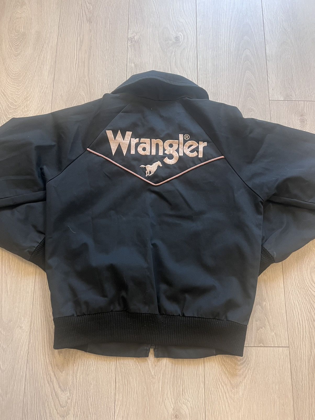 image of Vintage Wrangler Bomber Jacket Pink Embroidered 70's 80's 90's in Black, Men's (Size Small)