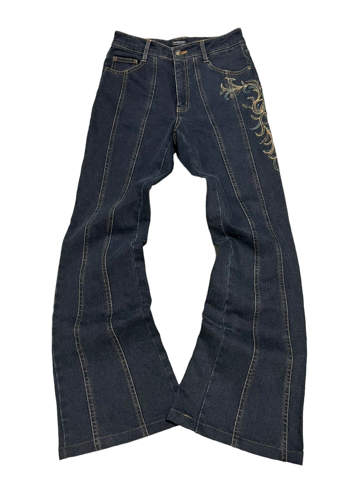 image of Archival Clothing x Tornado Mart Full Heart Ultra Flared Patch Embroidery Flared Jeans in Mudwash (