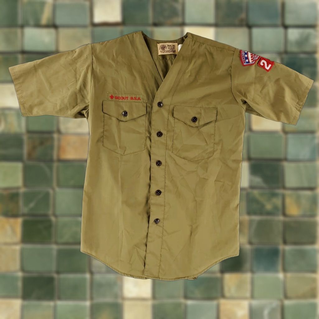 Vintage VINTAGE Boy Scouts of America Shirt Short Sleeve Green Mens M 70s Collarless Summer Shirt Stains Patches Size US M / EU 48-50 / 2 - 1 Thumbnail