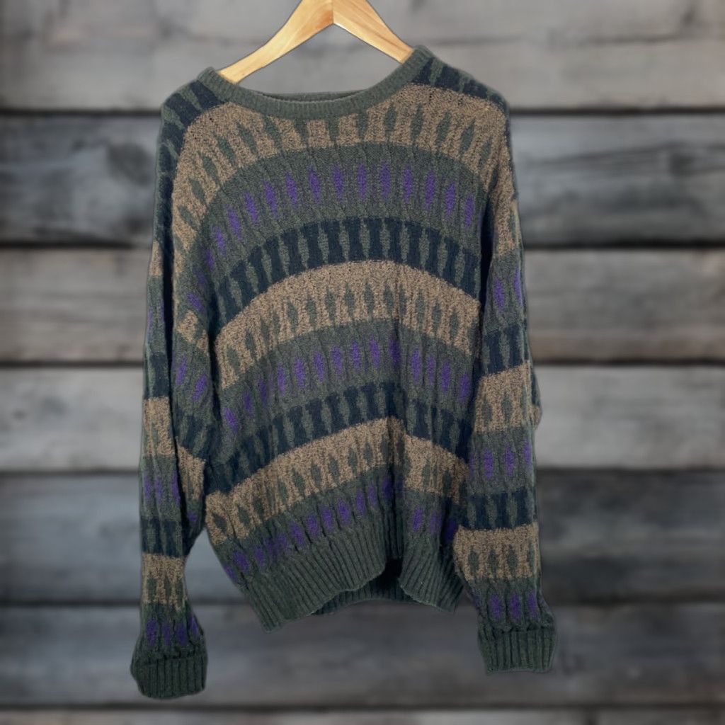 Jantzen VINTAGE Jantzen Sweater Mens XL Beige Purple Textured Knit Geometric Pattern USA Size US M / EU 48-50 / 2 - 1 Thumbnail