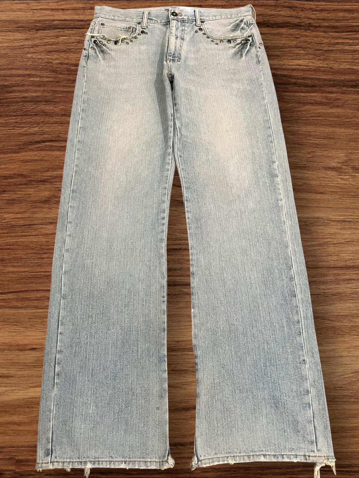 Le Grande Bleu (L.G.B.) ⚡️Sick⚡️Japanese Brand Pluvious Rhinestone Frayed Leg Jeans Size US 34 / EU 50 - 2 Thumbnail
