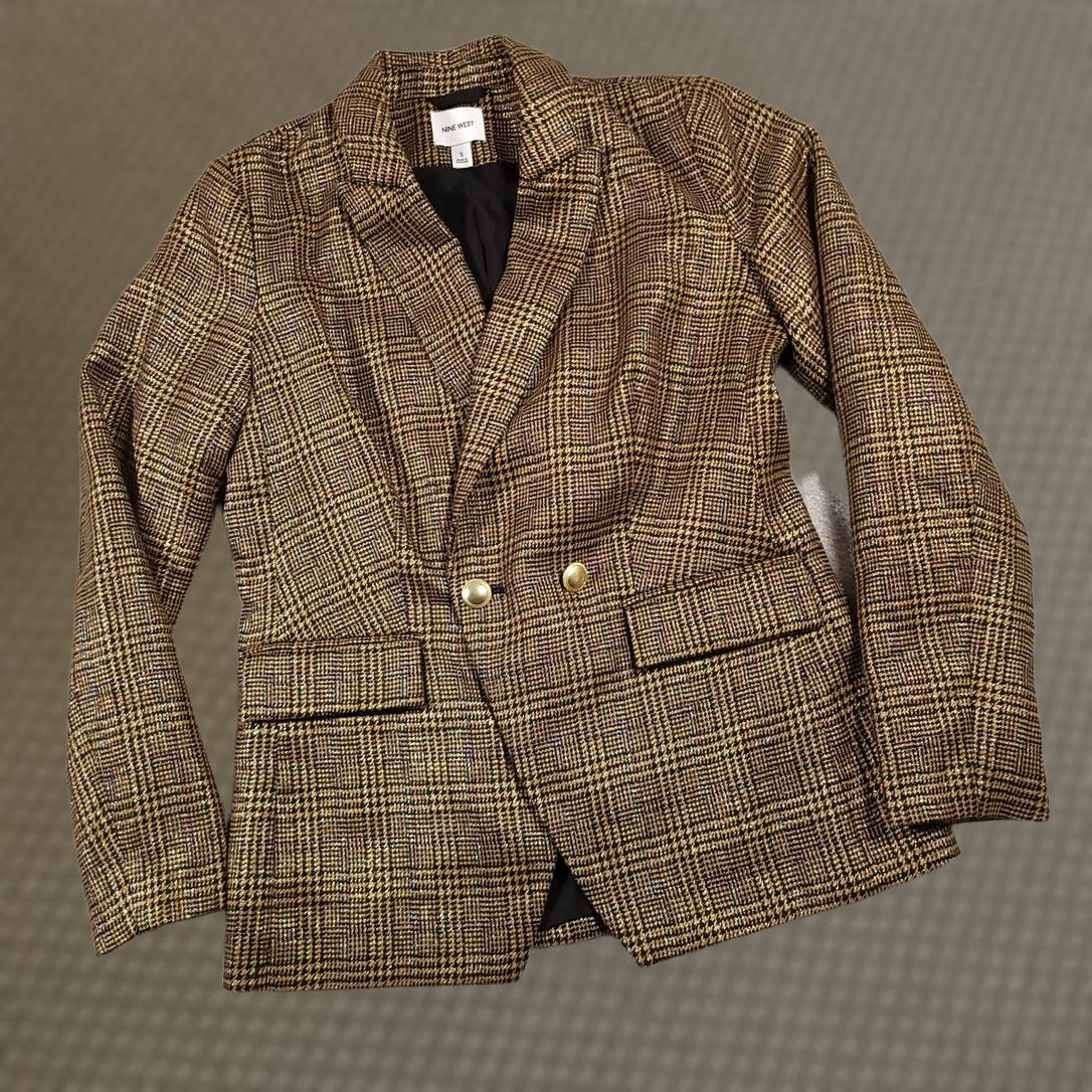 Nine West Nine West Blazer Women's S Gold Shimmer Houndstooth Jacket Coat Lined Size S / US 4 / IT 40 - 1 Thumbnail