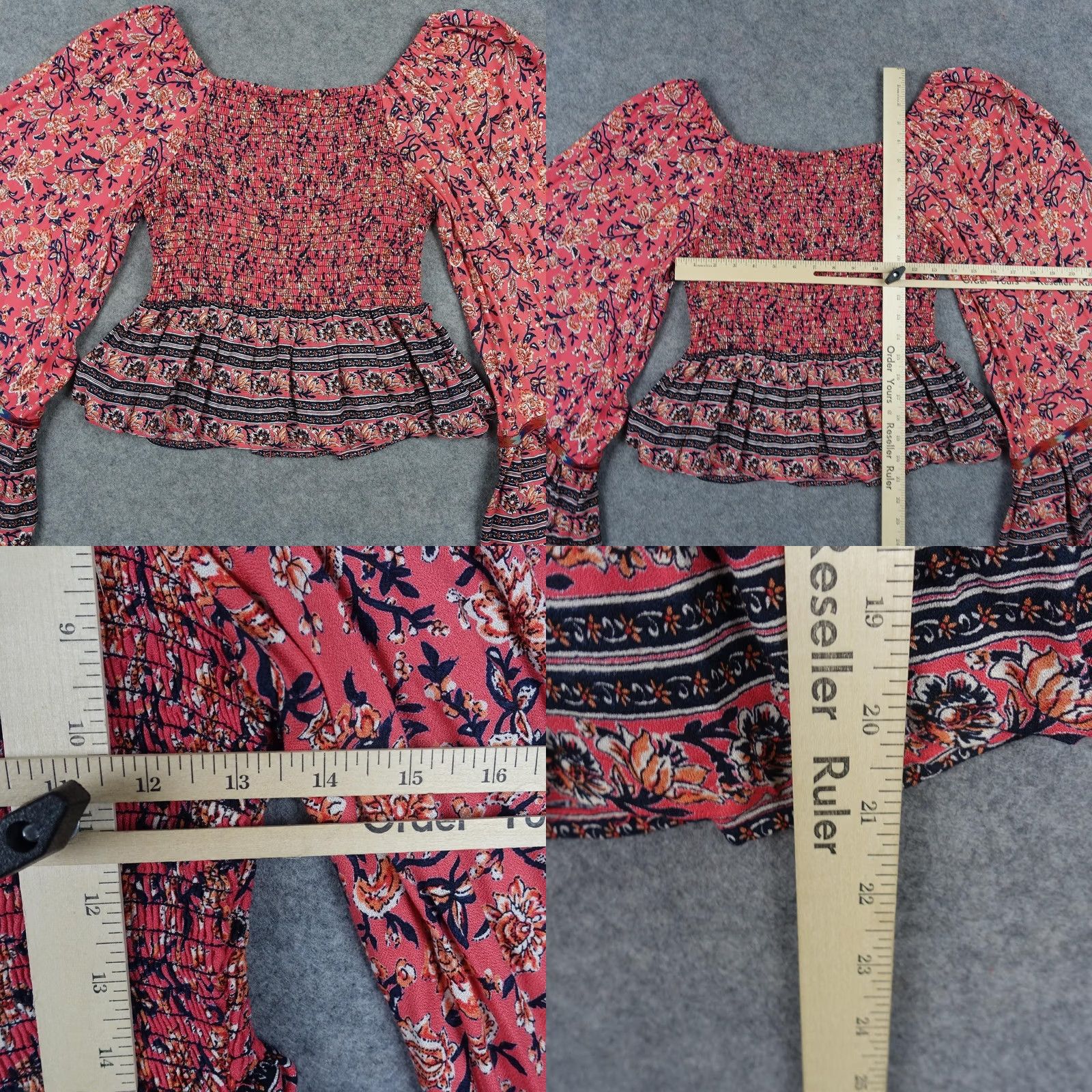 Bell Angie Blouse Shirt Womens Large Pink Floral Boho Bell Sleeve Smocked Square Neck Peasant Rayon L Size L / US 10 / IT 46 - 8 Thumbnail