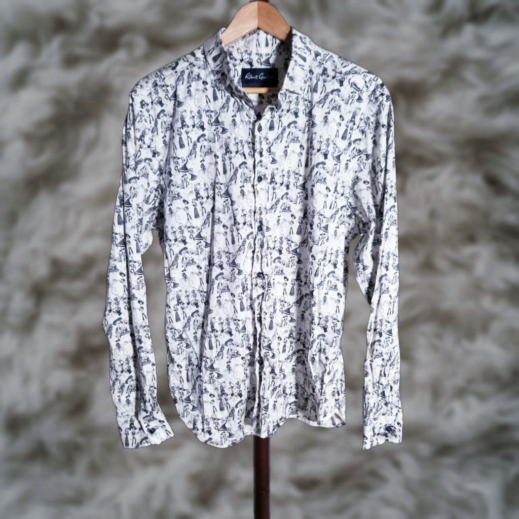 VINTAGE Robert Graham Button-Front Shirt XL White Skull Print 100% Cotton Jacquard Mens