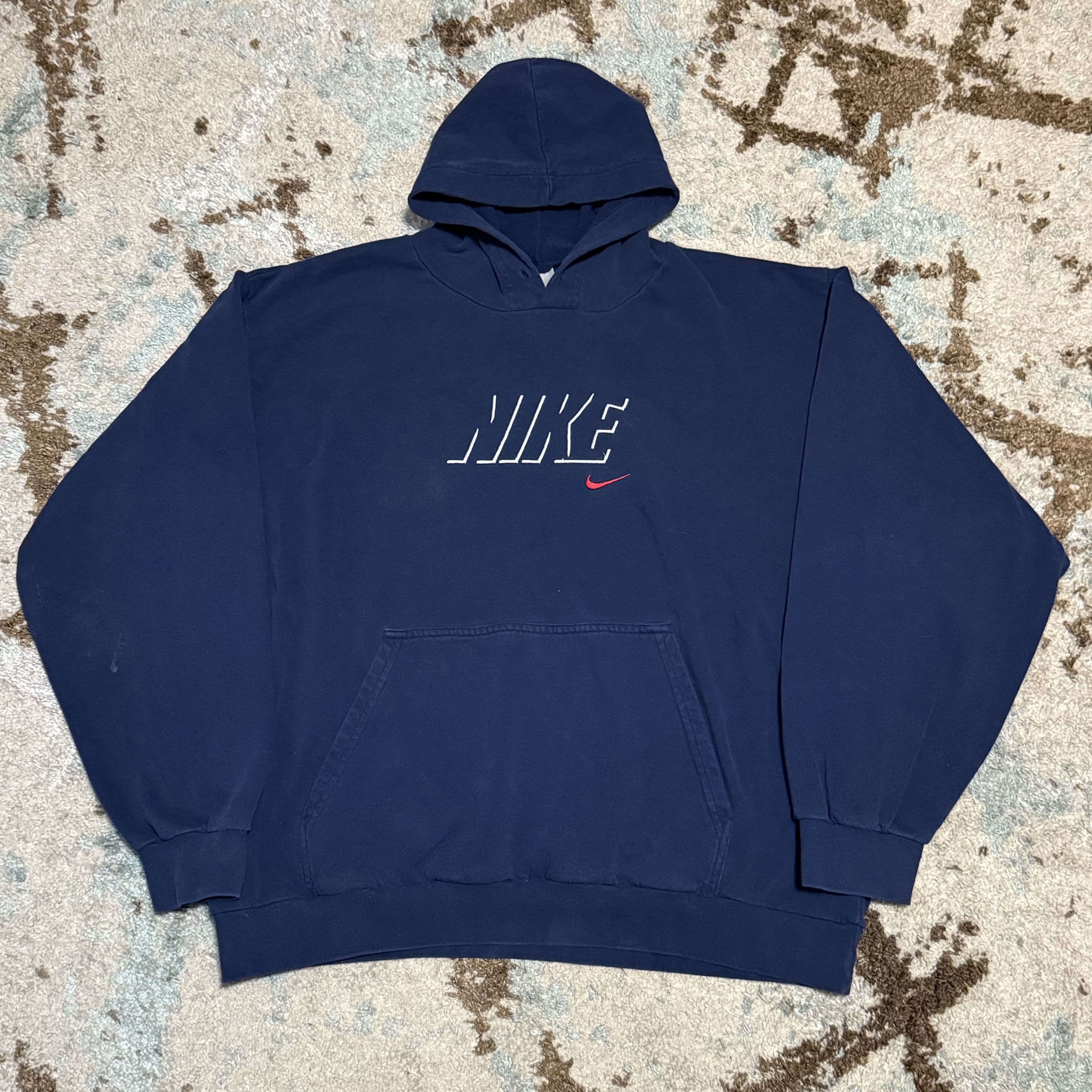 Nike × Vintage Vintage Nike Spellout Hoodie Size XL Navy Y2K Boxy Fit Size US XL / EU 56 / 4 - 1 Thumbnail