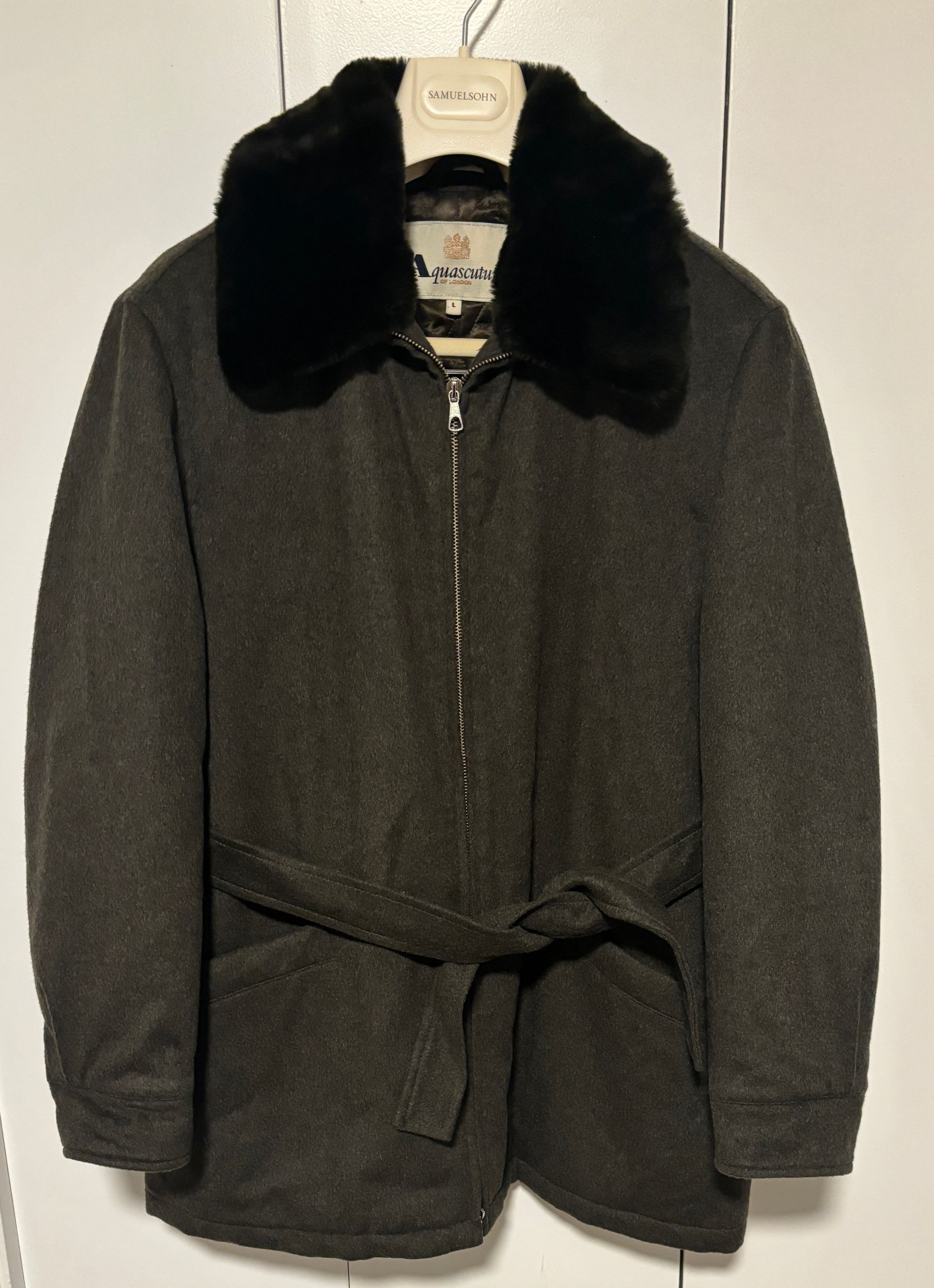image of Aquascutum Wool Cashmere Belted Coat, Quilted Lining, Fur Collar-M/l in Olive, Men's (Size Medium)