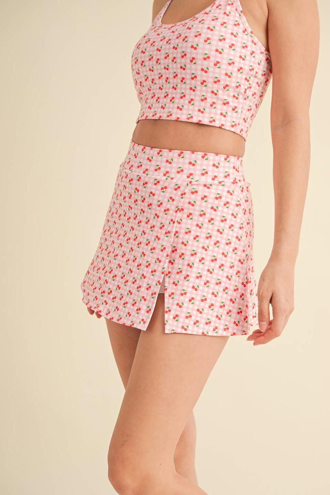 Christian Kimber Cherry Gingham Print Side Slit A-Line Skort with Pocket Size ONE SIZE - 5 Thumbnail