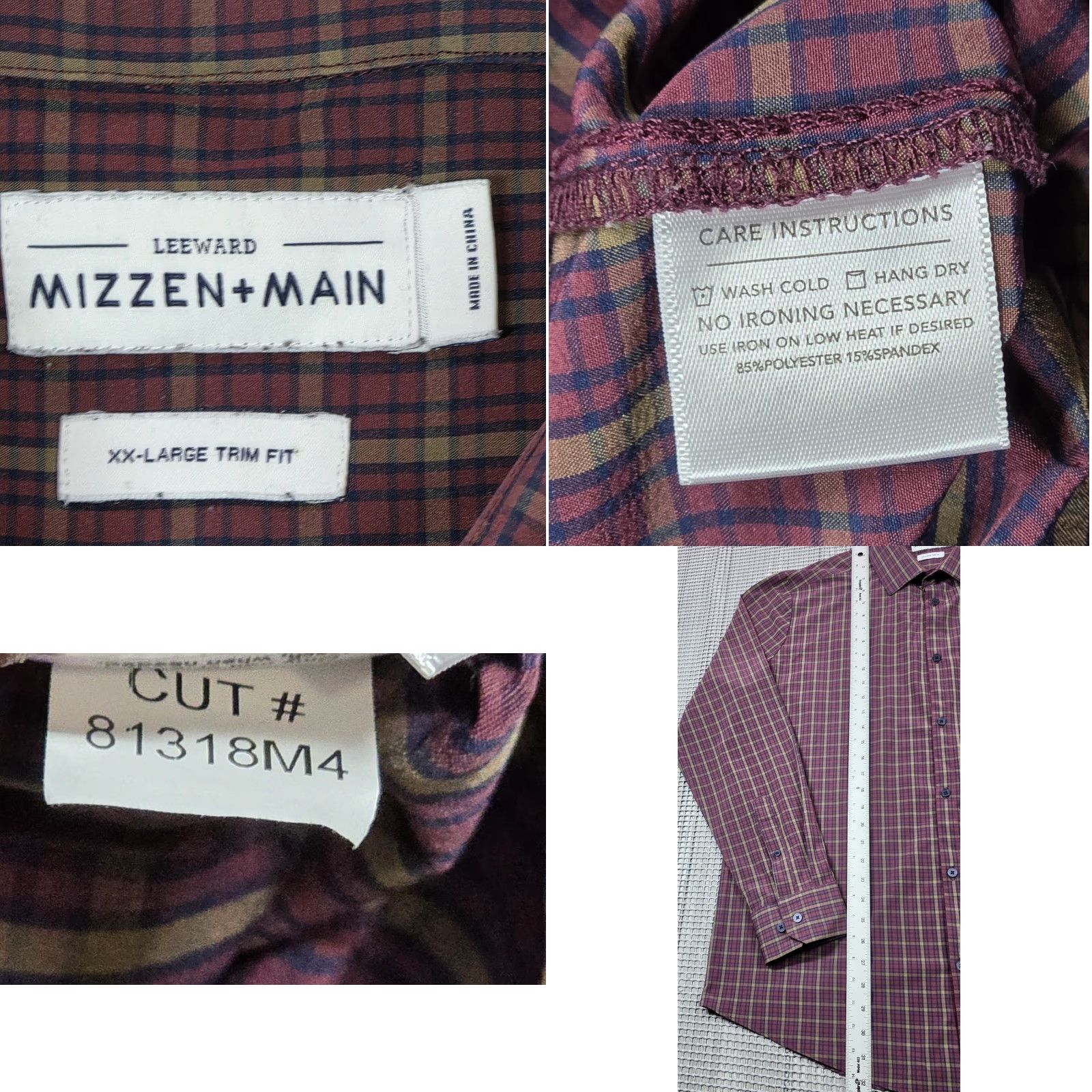 Mizzen+Main Mizzen+Main Leeward Mens Button-Up Shirt 2XL Maroon Plaid Trim Fit Performance Casual Workwear Capable Slim Classic Style Size US XXL / EU 58 / 5 - 8 Thumbnail