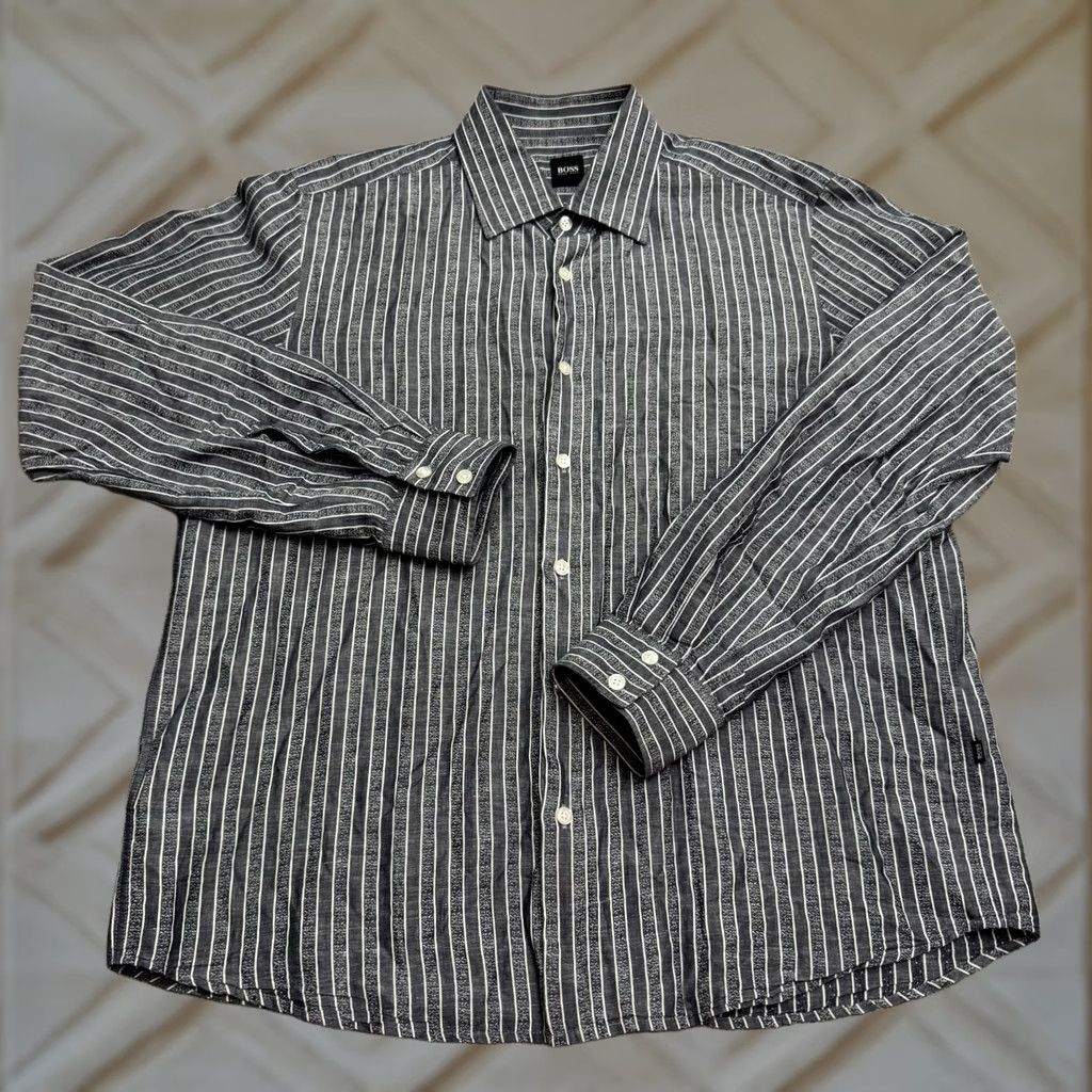 Hugo Boss HUGO BOSS Mens XL Gray Striped Long Sleeve Cotton Button Down Shirt Casual Work Size US XL / EU 56 / 4 - 1 Thumbnail