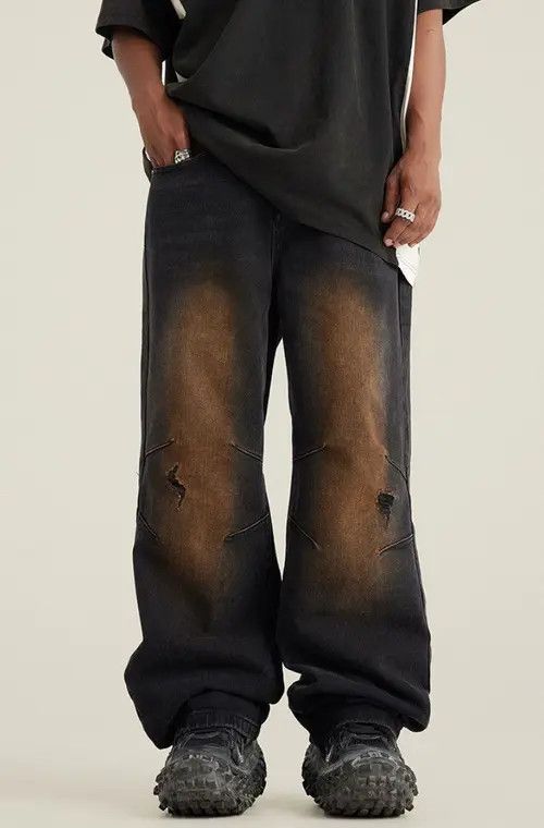 image of Retro Street Wash Grunge Micro Flared Wide Leg Jeans in Black Rust Color, Men's (Size 32)