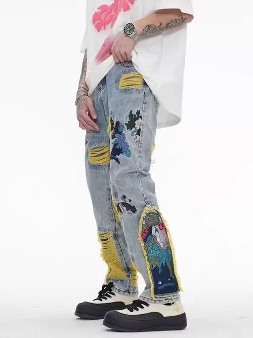 VIBE Retro heavy embroidery ripped washed distressed jeans Size US 31 - 7 Thumbnail