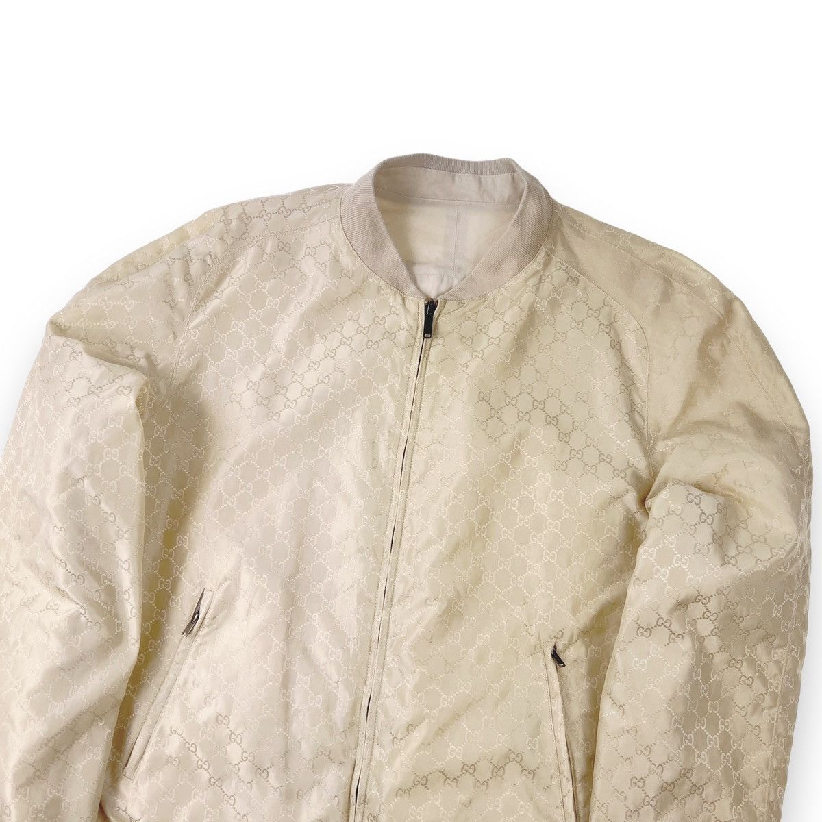 image of Gucci Cream Monogram Reversible Bomber Jacket, Men's (Size XL)