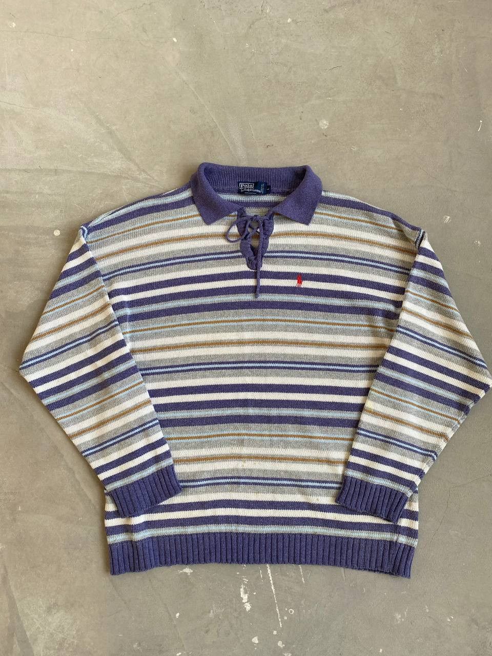 Vintage Polo Ralph factory Lauren Rainbow Striped Knit Sweater 1/4 Button USA 90’s L