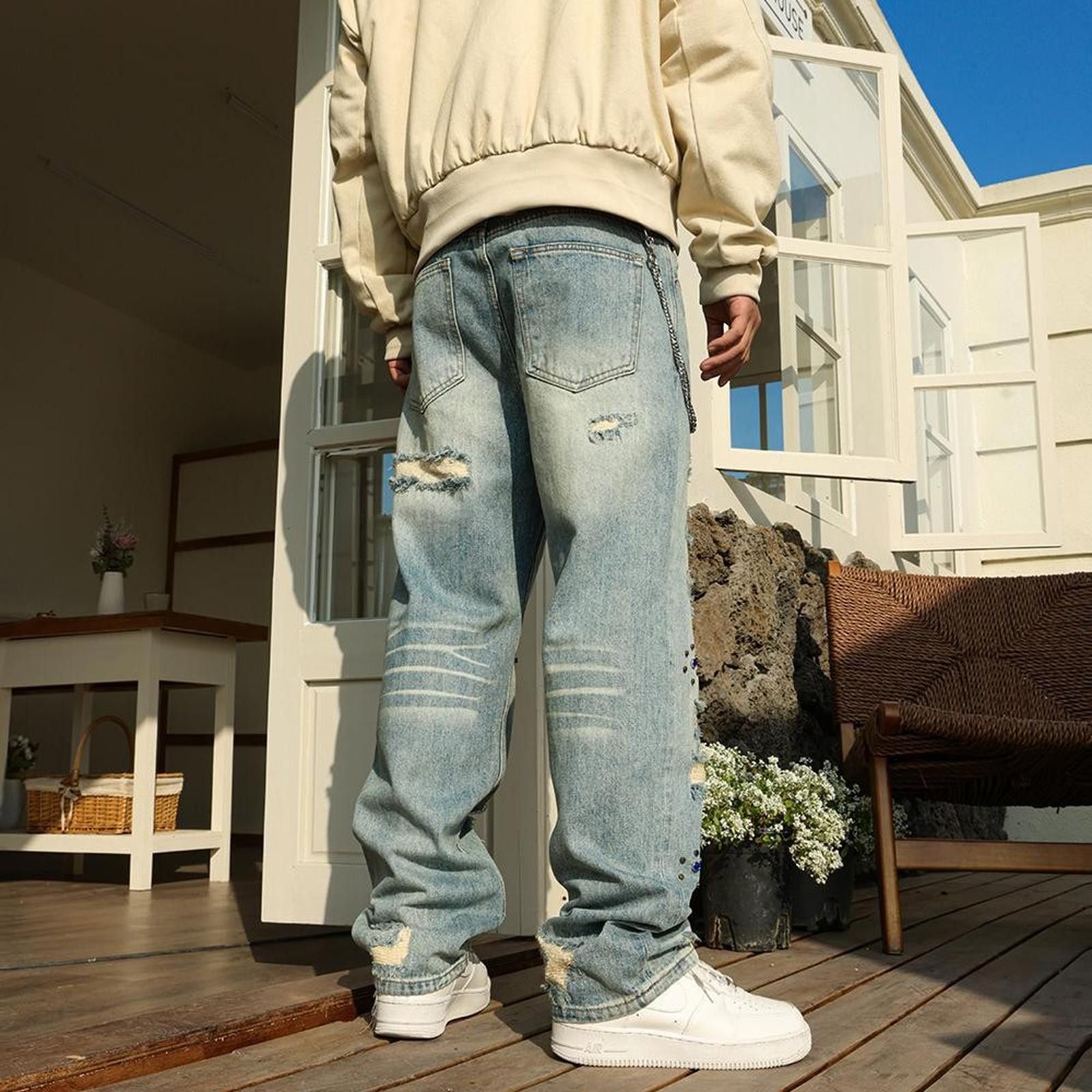 Jean × Vintage Retro Street Jeans – Ripped, Patched, Loose Leg Fit Size US 34 / EU 50 - 3 Thumbnail