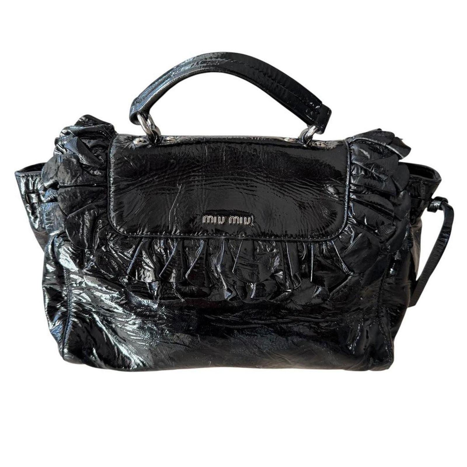 Miu Miu Miu Miu Patent Leather Ruffle Handbag Black Y2K Size ONE SIZE - 2 Thumbnail