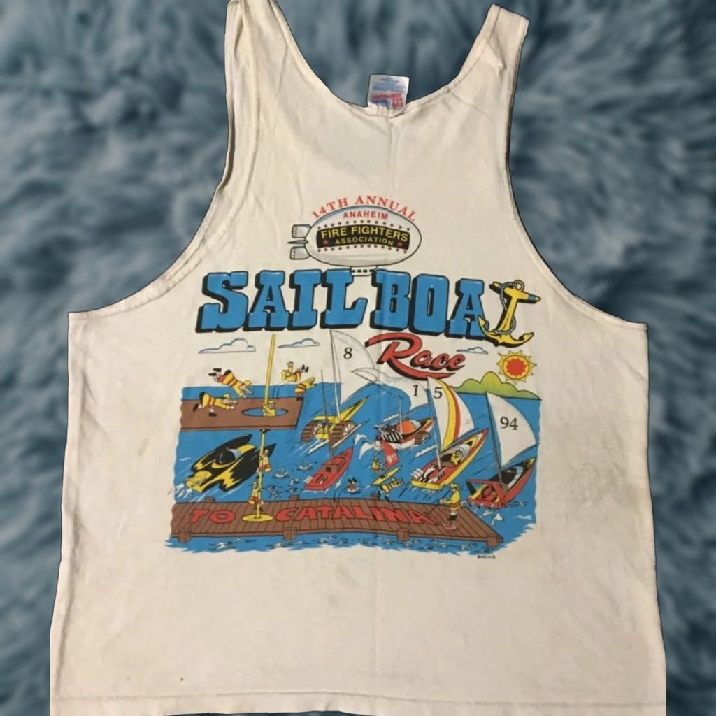 Vintage VINTAGE Fire Fighter Tank Top Shirt M White Distressed 90s Anaheim Boats Sailboat Race Boots USA Men Size US M / EU 48-50 / 2 - 1 Thumbnail