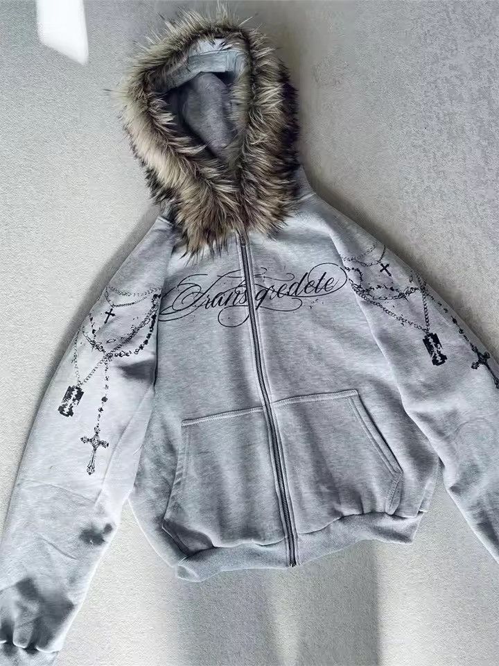 Other Faux Fur Hooded Jacket With Cross Print Trendy Edgy Size US L / EU 52-54 / 3 - 1 Thumbnail