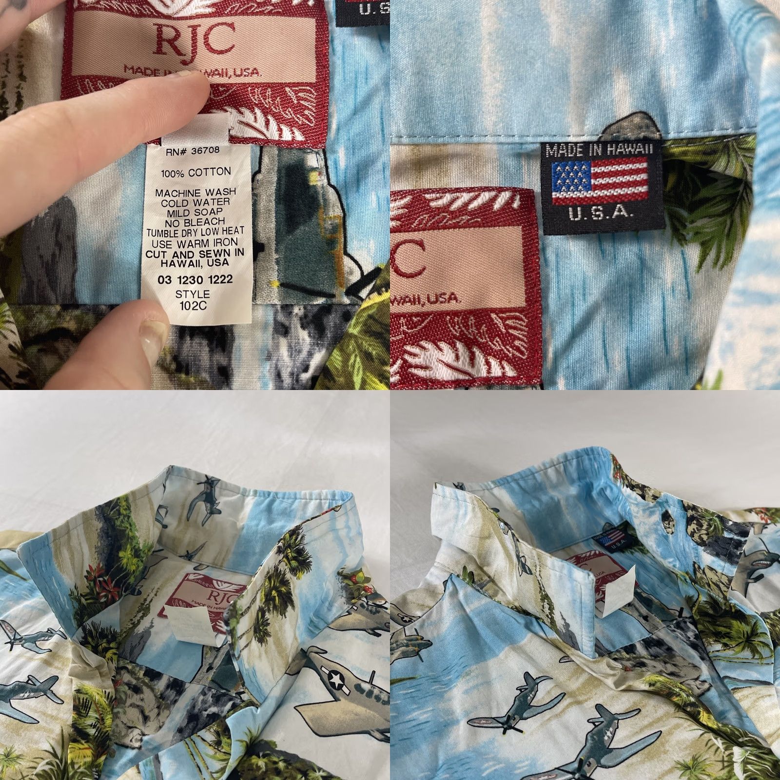 Vintage RJC Hawaiian Button Shirt World War II AOP Fighter Bomber Airplanes WW2 WWII Button-Up Short Sleeve Men's L Blue Cotton Shirt Size US L / EU 52-54 / 3 - 9 Thumbnail