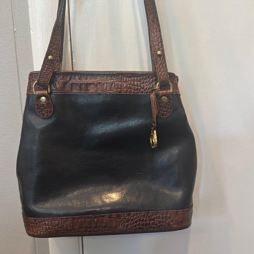 Brahmin Black & Brown Alligator Texture Leather Shoulder Ba