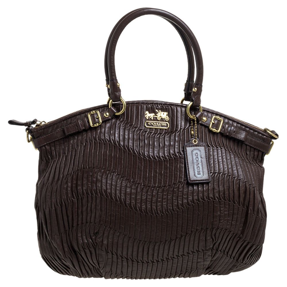 image of Coach Dark Brown Gathered Leather Lindsey Satchel in Black, Women's