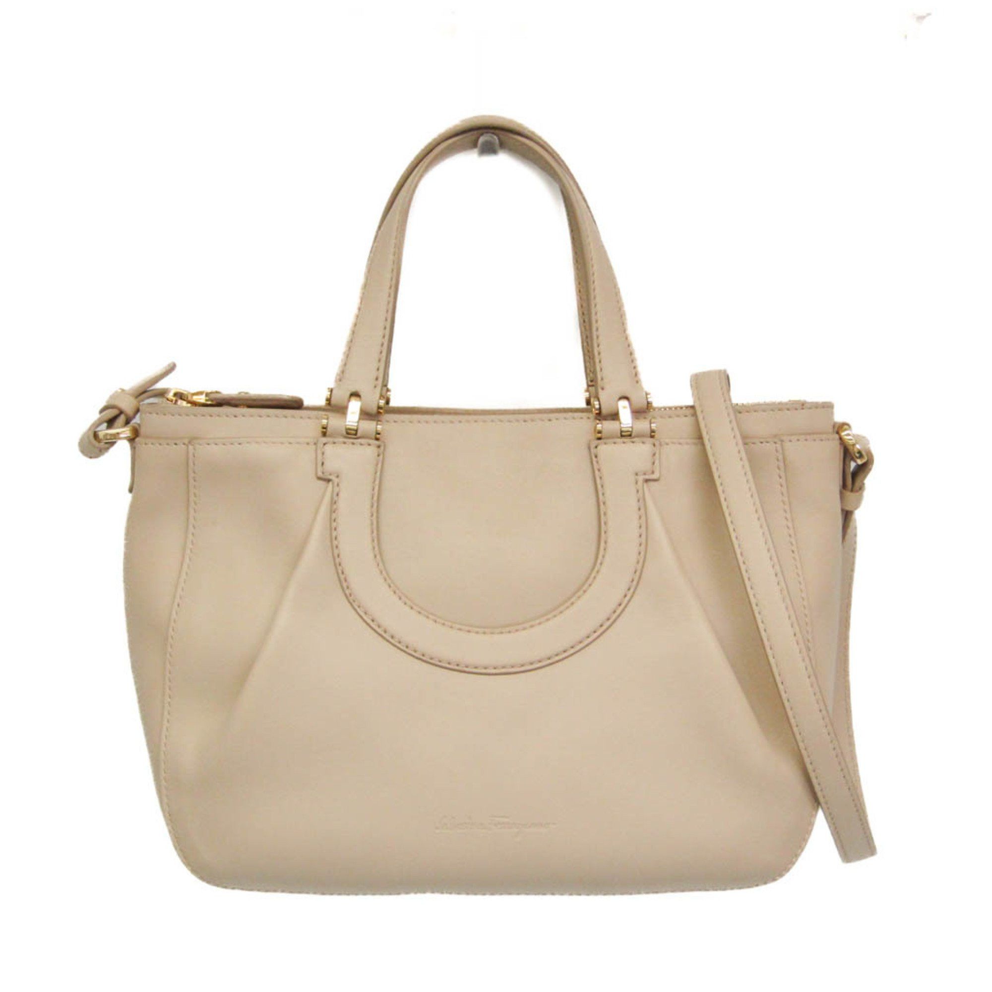Salvatore Ferragamo Gancini EE-21 F703 Women's Leather HandbagShoulder Bag Light Beige