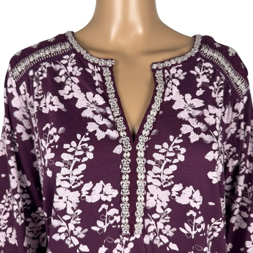 Lucky Brand NWT New $70 Lucky Brand Split Neck Purple Floral Cotton Top Size XL / US 12-14 / IT 48-50 - 3 Thumbnail