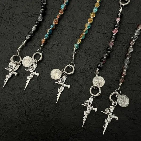Jewelry Silver Beaded Keychain with Rose and Dagger Charms Size ONE SIZE - 4 Thumbnail