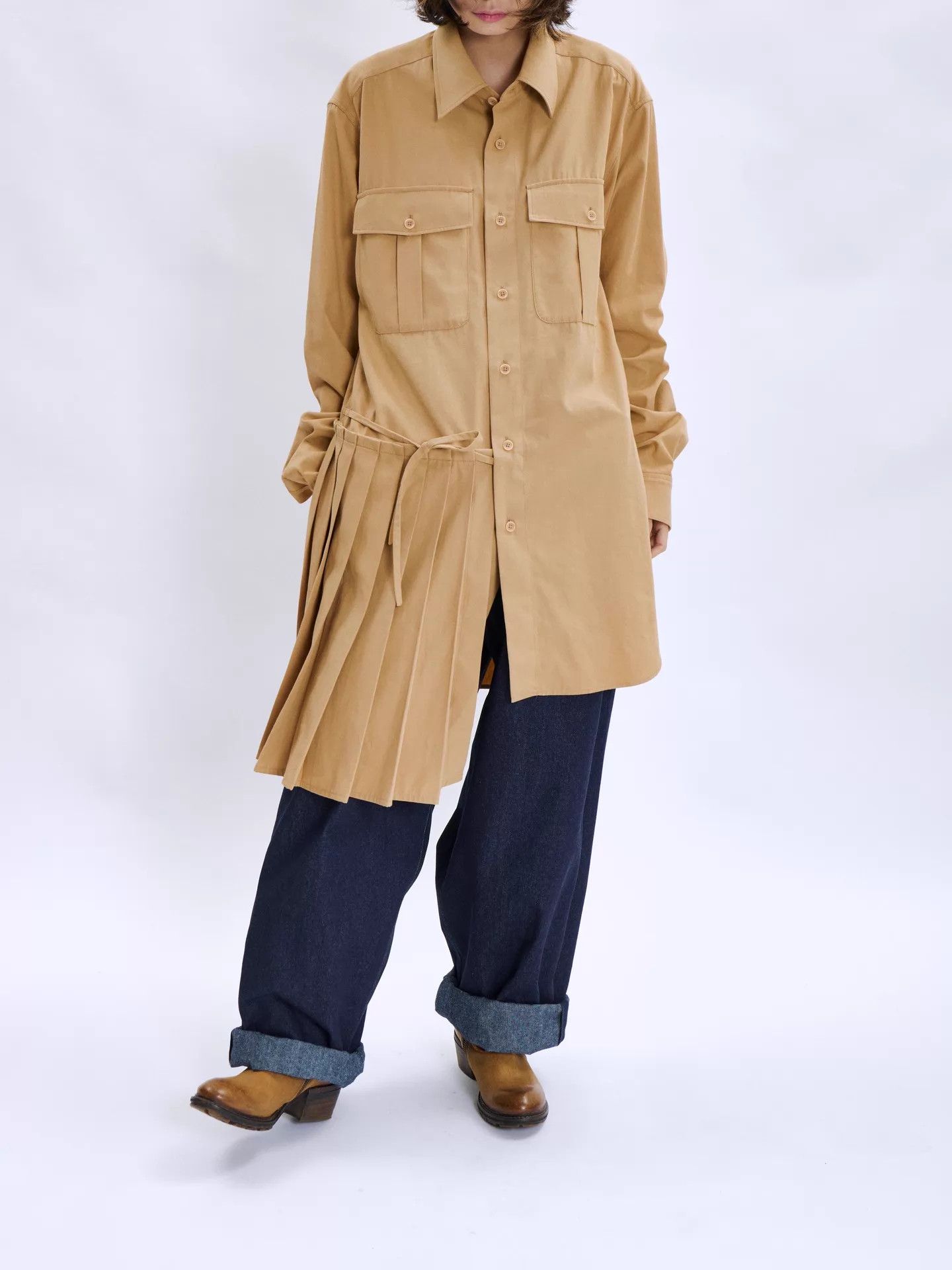 Dries Van Noten Dries Van Noten 23SS Khaki Asymmetric Pleated Shirt Size XL / US 12-14 / IT 48-50 - 2 Thumbnail