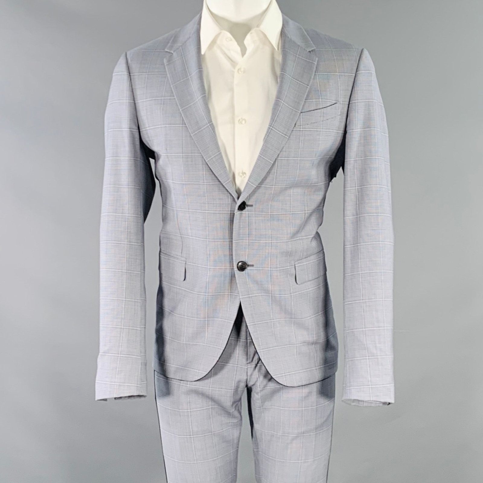 Valentino VALENTINO Size 38 Blue Grey Plaid Wool Notch Lapel Suit Size 38R - 1 Thumbnail