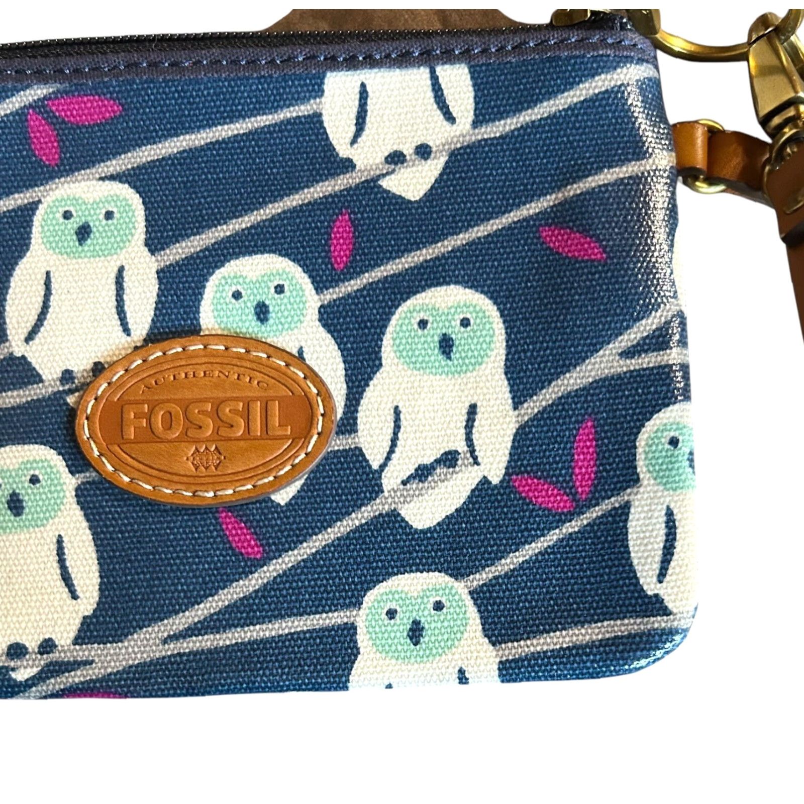 Fossil Fossil Wristlet Blue Owls Zip Around Cardholder Inside Pocket Strap Women Canvas Leather Size ONE SIZE - 4 Thumbnail