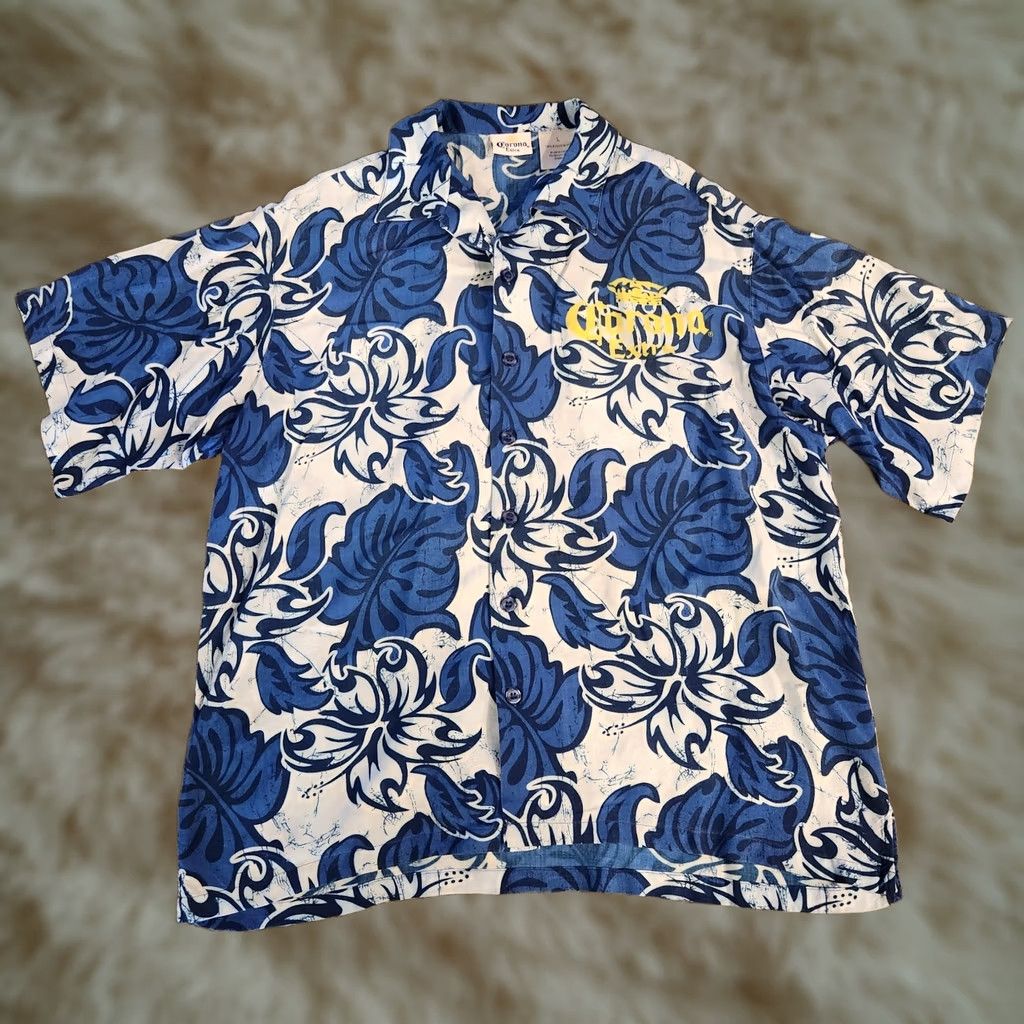 Doublet VINTAGE Corona Extra Hawaiian Shirt Floral Blue Double Sided Mens Large 100% Rayon Size US L / EU 52-54 / 3 - 1 Thumbnail