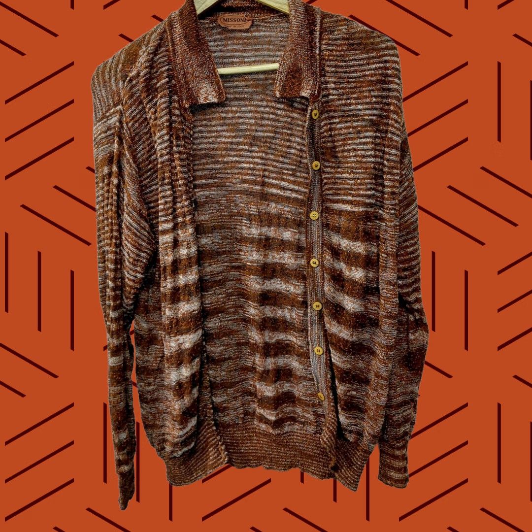 Missoni VINTAGE Missoni Women Cardigan Sweater Copper Brown Space-Dye Knit Button Front Crew Neck Lightweight Long Sleeve Metallic Threads Brown Size ONE SIZE - 1 Thumbnail