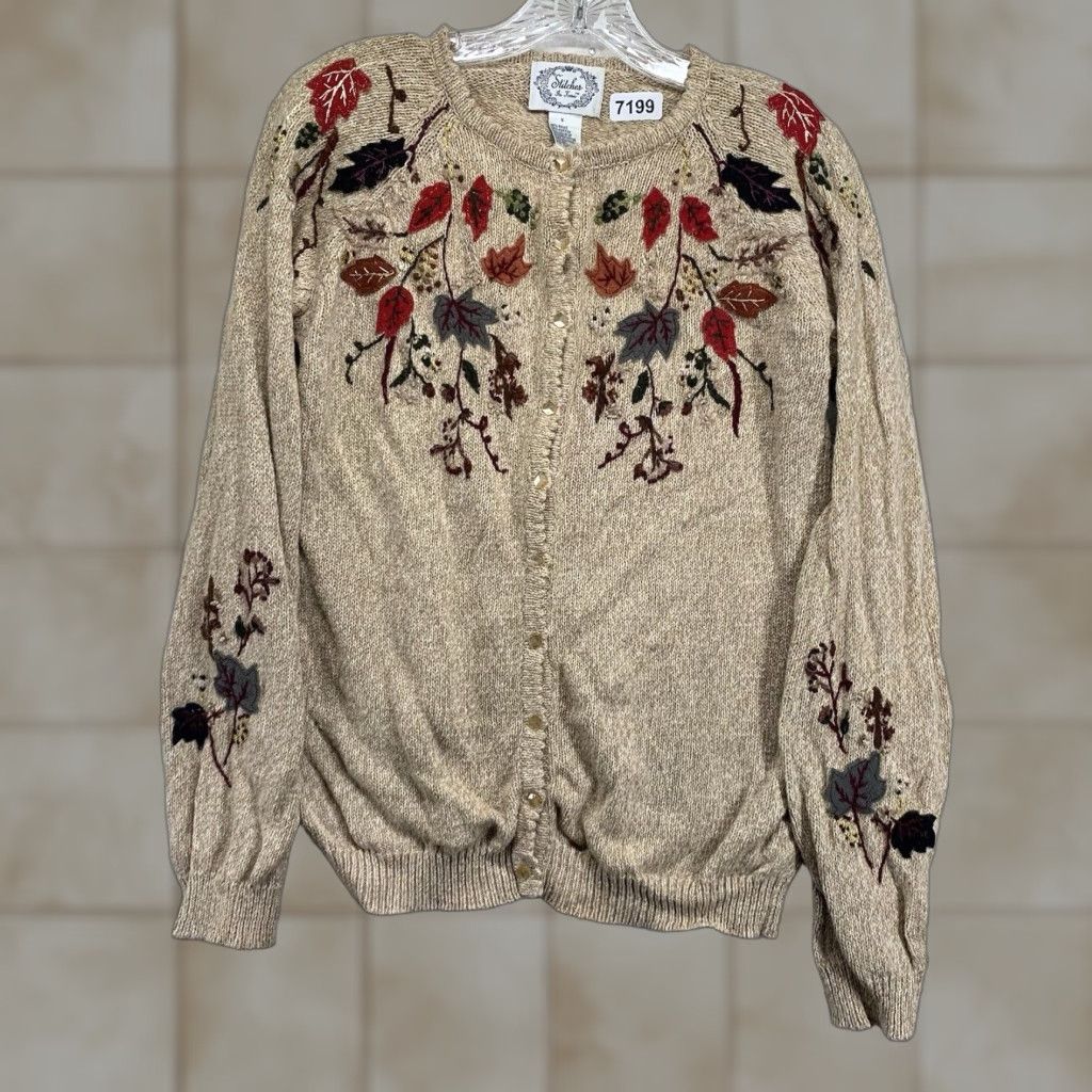 Vintage VINTAGE Women's Small Cardigan Sweater Bohemian Autumn Leaves 90s Flower Knit Chunky Fall Womens Size S / US 4 / IT 40 - 1 Thumbnail