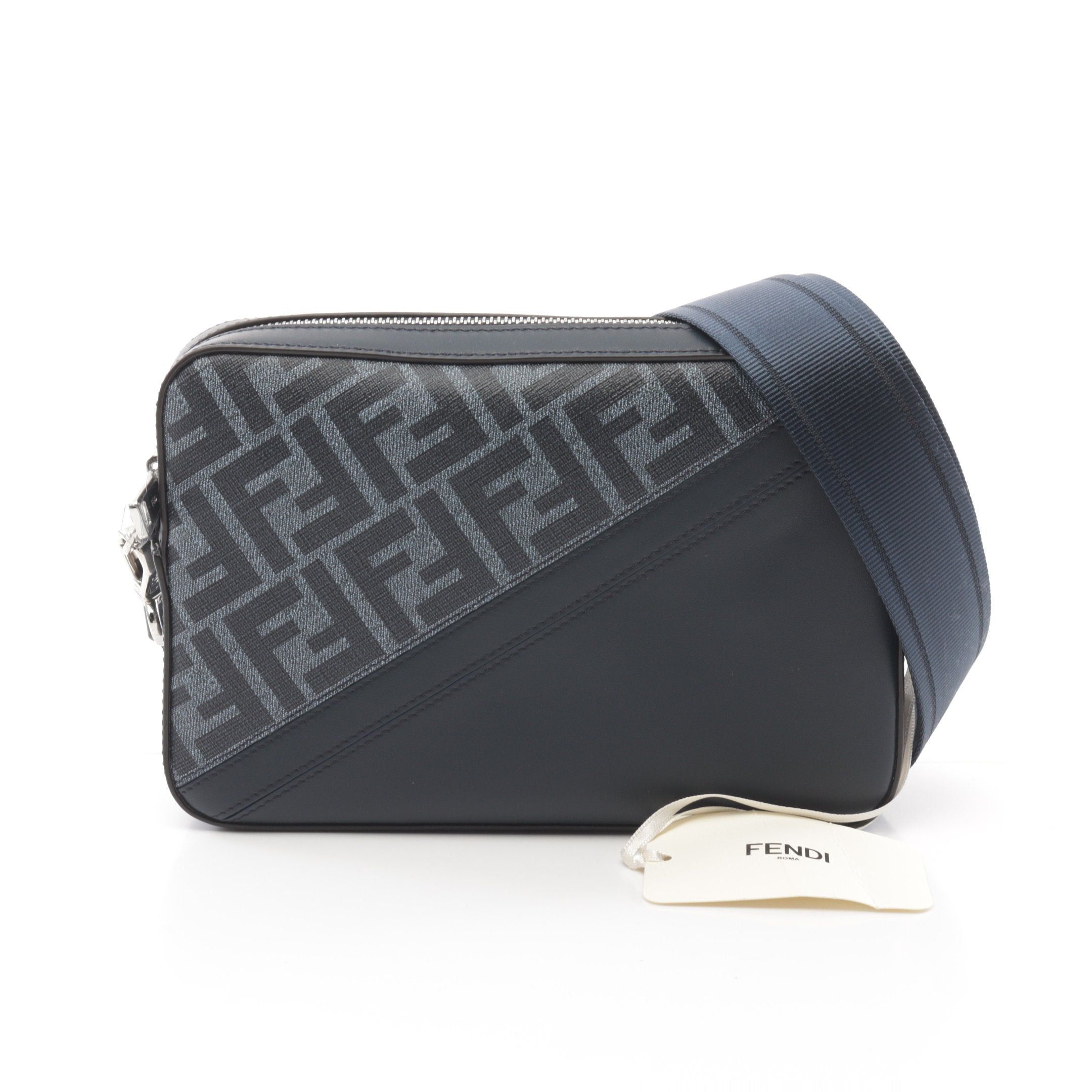 Fendi Diagonal Camera Case Zucca Shoulder Bag Leather Navy Bags 
