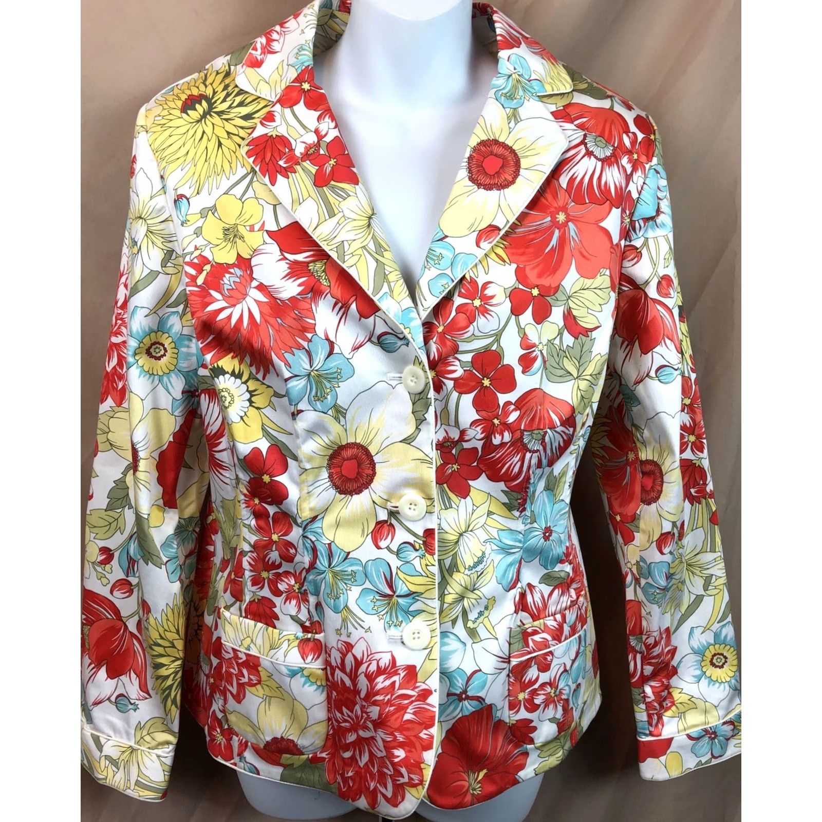 Vintage Valerie Stevens blazer jacket PL red floral 3 button notch collar pockets Career Blazer Women PL Red Floral Jacket Size L / US 10 / IT 46 - 5 Thumbnail