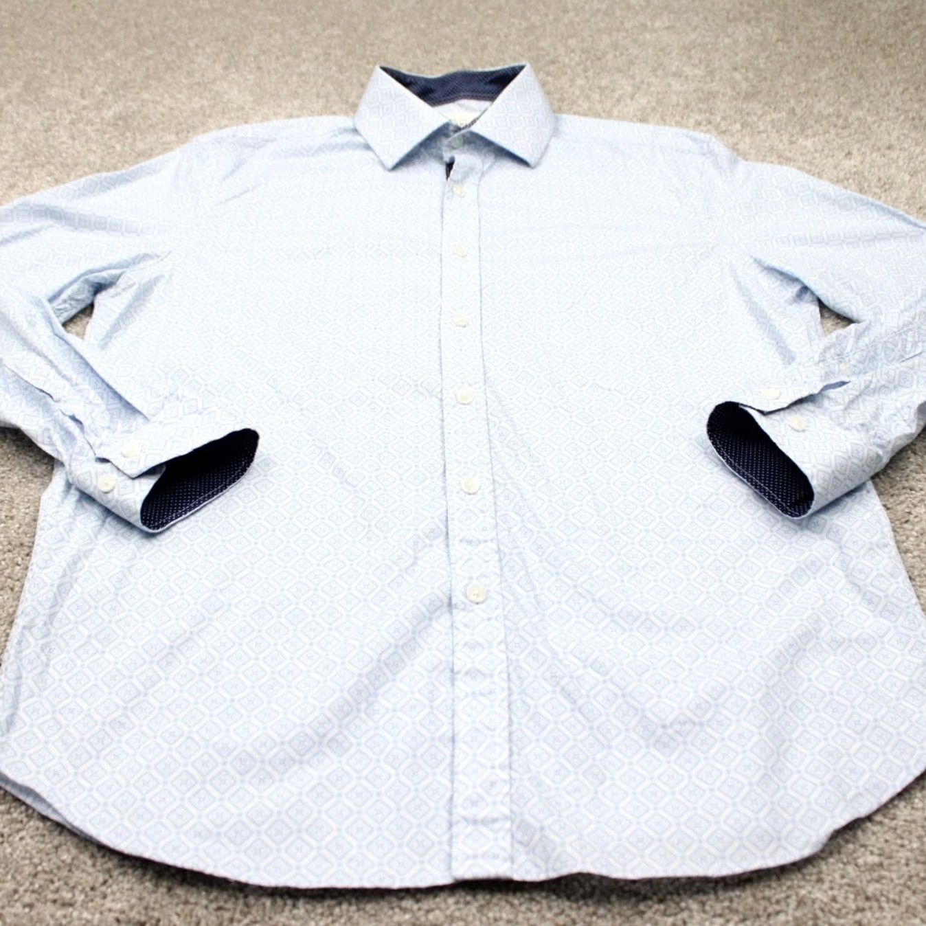 Vintage Construct Blue Slim Fit Dress Shirt Mens 15 1/2 33/34 L/S Non-Iron Quick Dry 97% Cotton 3% Spandex Button Collar Barrel Cuff Geometric Pattern Size US L / EU 52-54 / 3 - 3 Thumbnail
