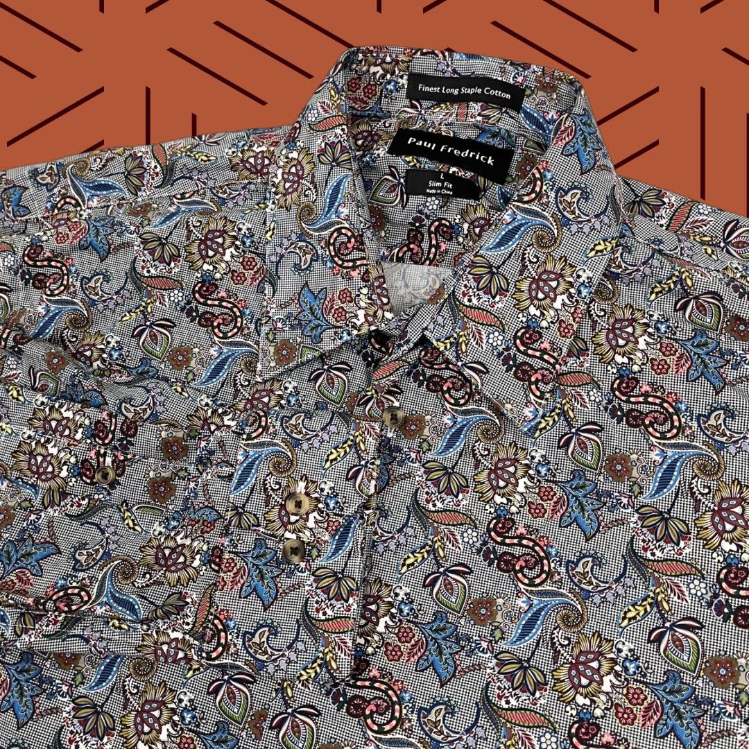 Vintage Paul Frederick Mens L Slim Fit Gray Paisley Floral Button Up Shirt Cotton Staple Size US L / EU 52-54 / 3 - 1 Thumbnail
