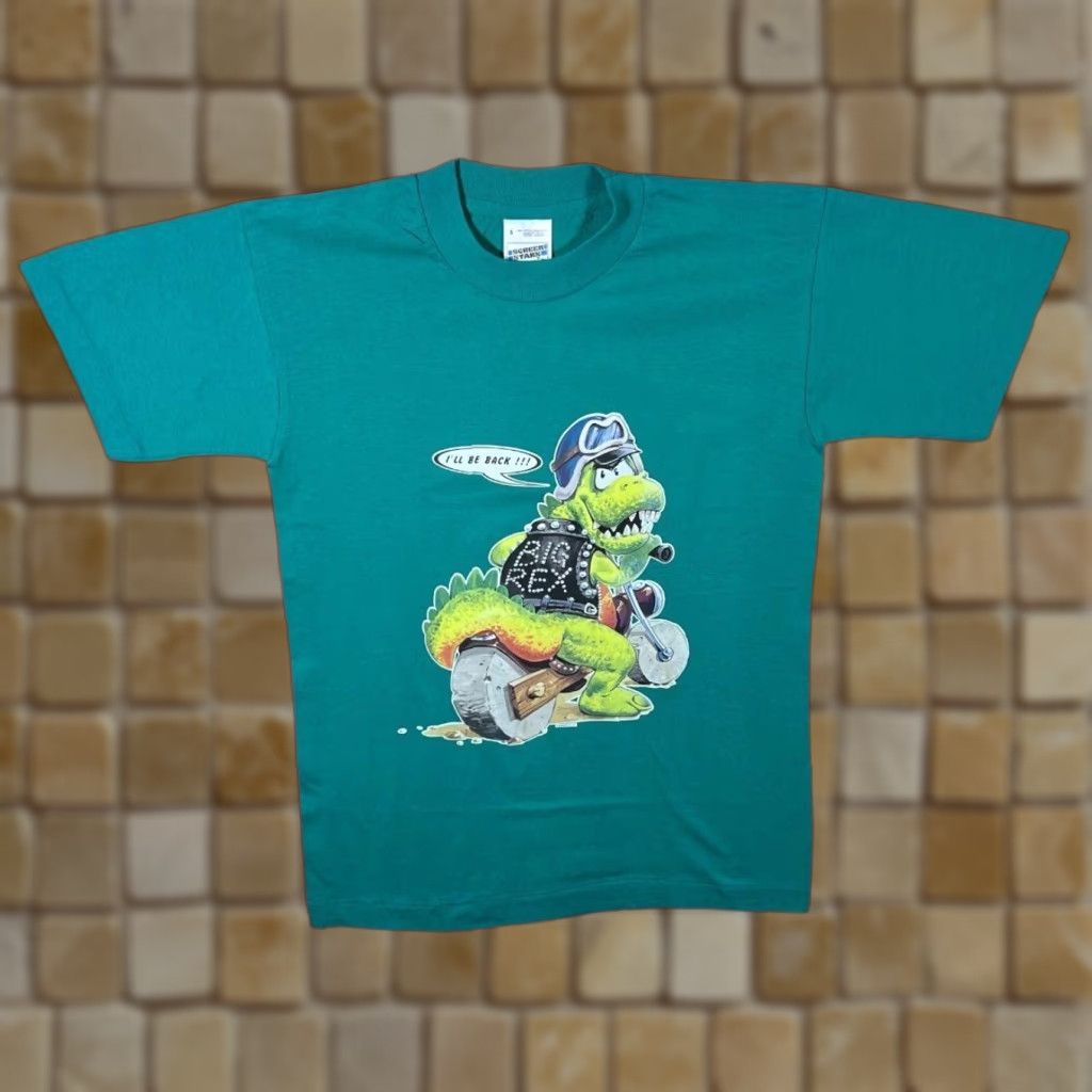 Vintage VINTAGE Screen Stars Big Rex I’ll Be Back Dinosaur Biker Single Stitch T-Shirt S Mens Turquoise 1993 90s Graphic Cartoon Print Size US S / EU 44-46 / 1 - 1 Thumbnail