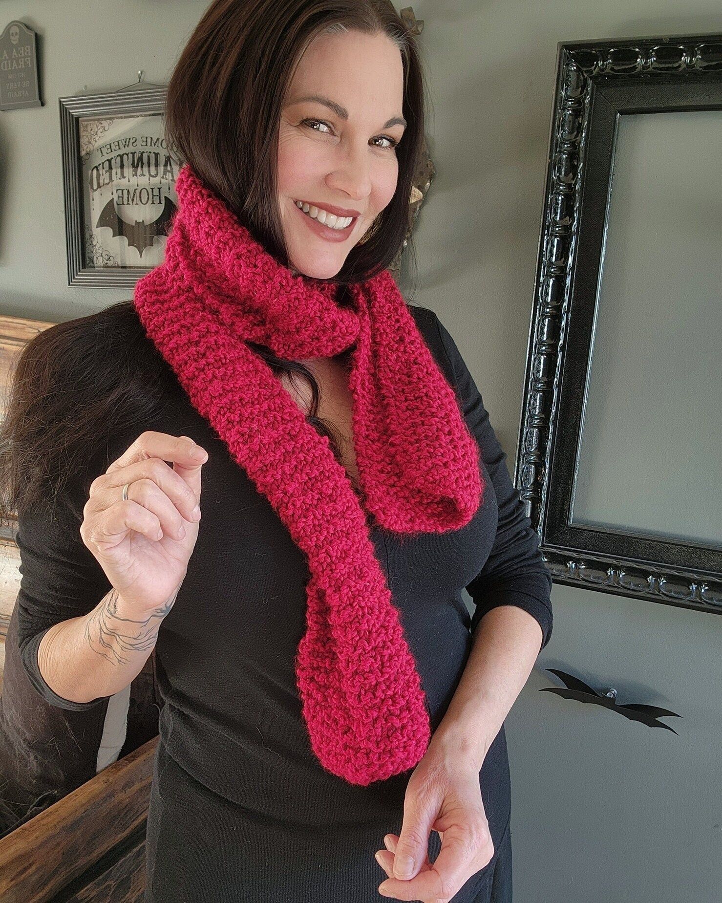 Handmade Knit Scarf, Chunky Red Boucle Yarn, "Crimson" OOAK One Of A Size ONE SIZE - 1 Thumbnail