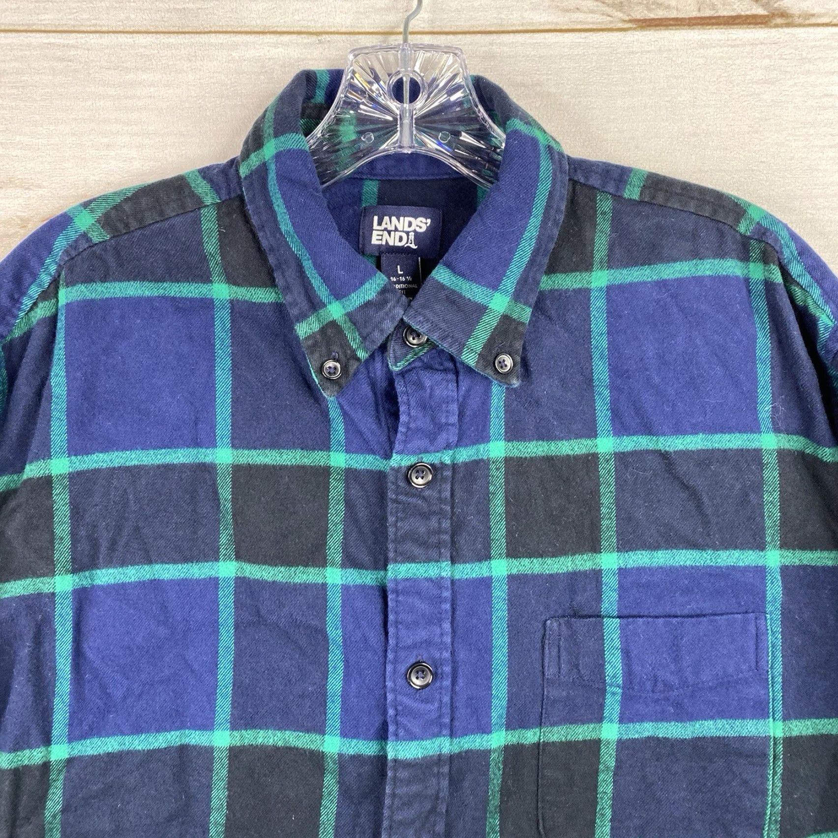 Lands' End Lands' End Mens Flannel Shirt L Button Up Long Sleeve Blue Plaid Tradition Shirt Button-Up Casual Men Size US L / EU 52-54 / 3 - 2 Thumbnail