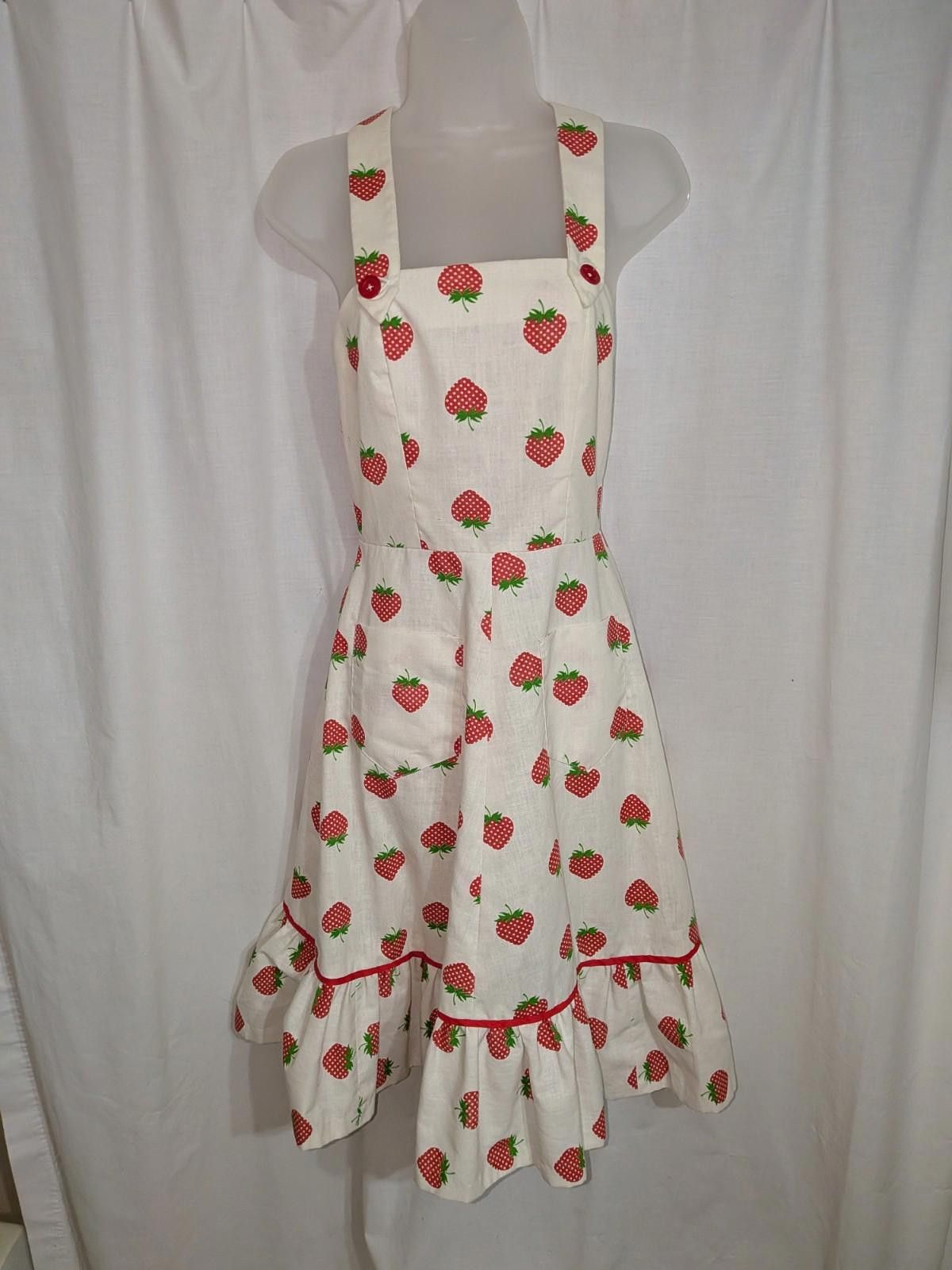 Handmade VTG 60s Pinup Handmade Strawberry Print Linen Apron Dress S Size S / US 4 / IT 40 - 1 Thumbnail