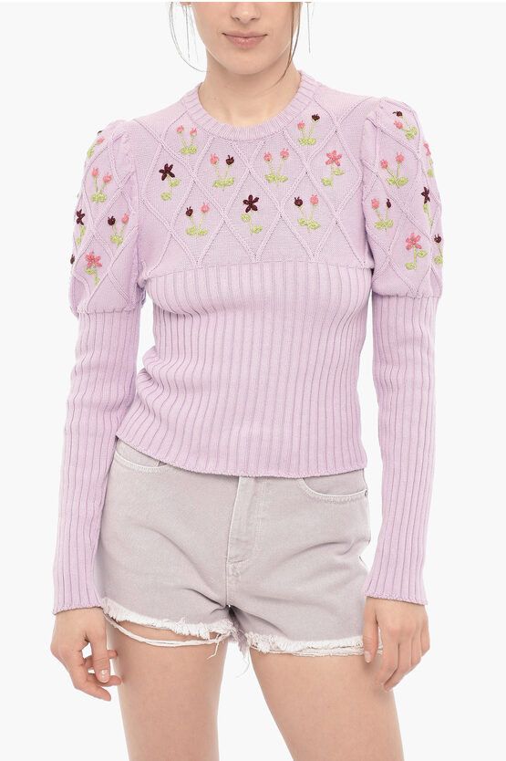 image of Cormio Ribbed Crew-Neck Sweater With Lurex Embroideries in Violet, Women's (Size Small)